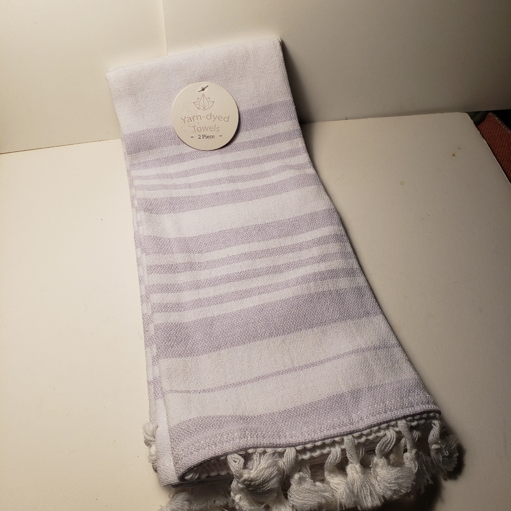 100% Cotton White and Lavender Yarn Dyed Dish Towels Set of 2